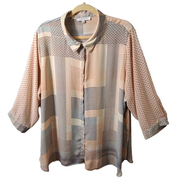 Rose+Olive Women 3X Plus Size Blouse Button 3/4 Sleeve Geometric Poly Peach Blue - Picture 2 of 16